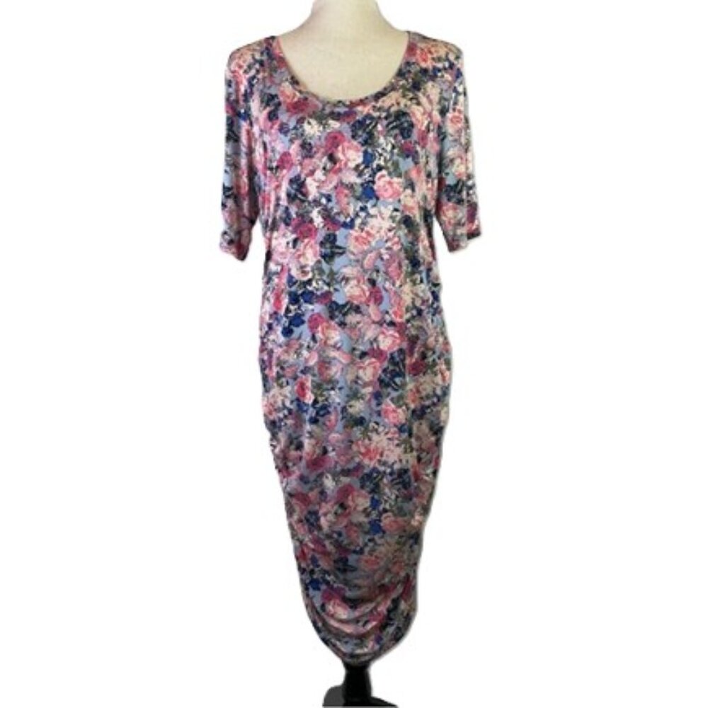 Motherhood Maternity Floral Dress Side Ruched Short Sleeve Scoop Neck Size L